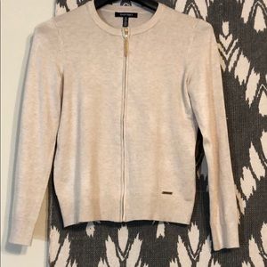 NWOT tan zipped cardigan with gold accents sz M